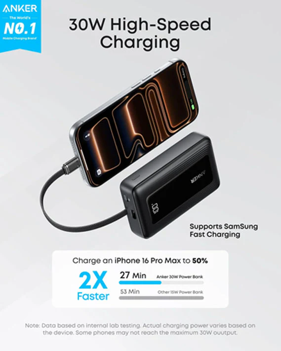 Anker Zolo Power Bank (10K, 30W) with a 5.4-inch (13.7 cm) built-in USB-C cable - Image 3
